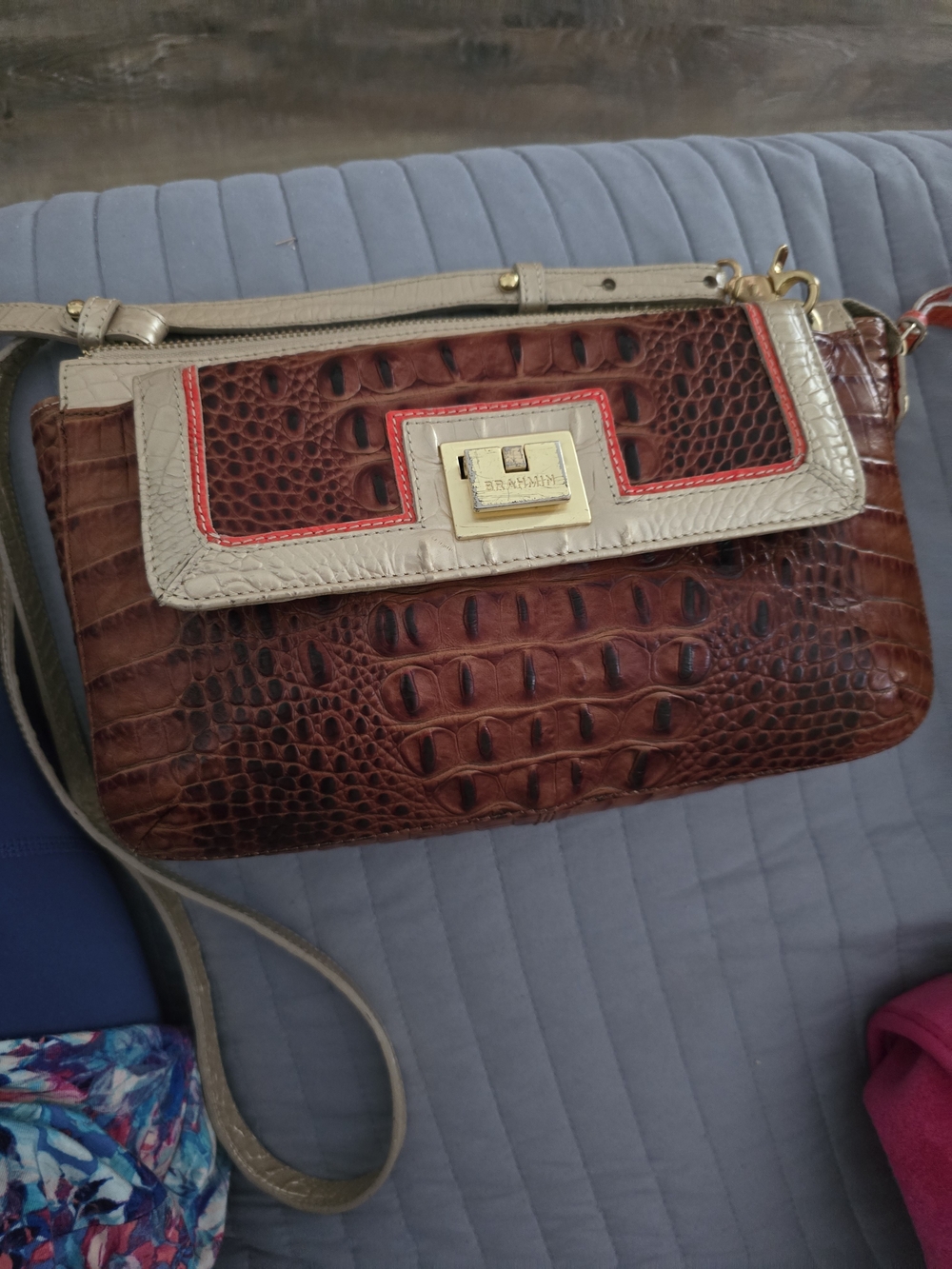 Brahmin Brown Croc-Embossed Leather Crossbody with Cream Trim